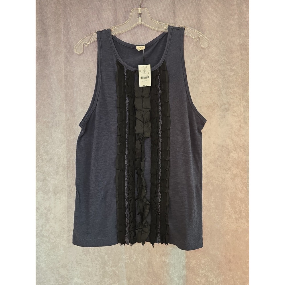 J.Crew Ribbon Ruffle Tank Top Navy With Black Ribbon Size M NWT